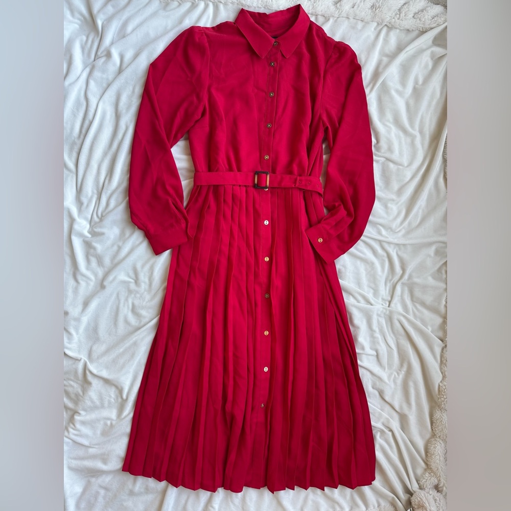 Ann Taylor Midi Long Sleeve Collared Red Button-Up Dress